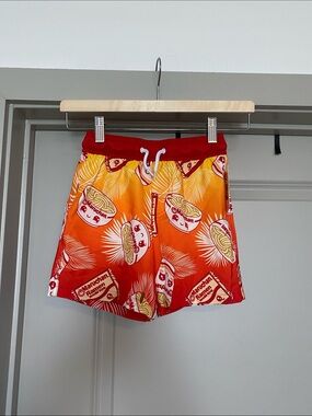 Kids Two-Tone Red & Orange Swim Hybrids with Noodle Bowl Print